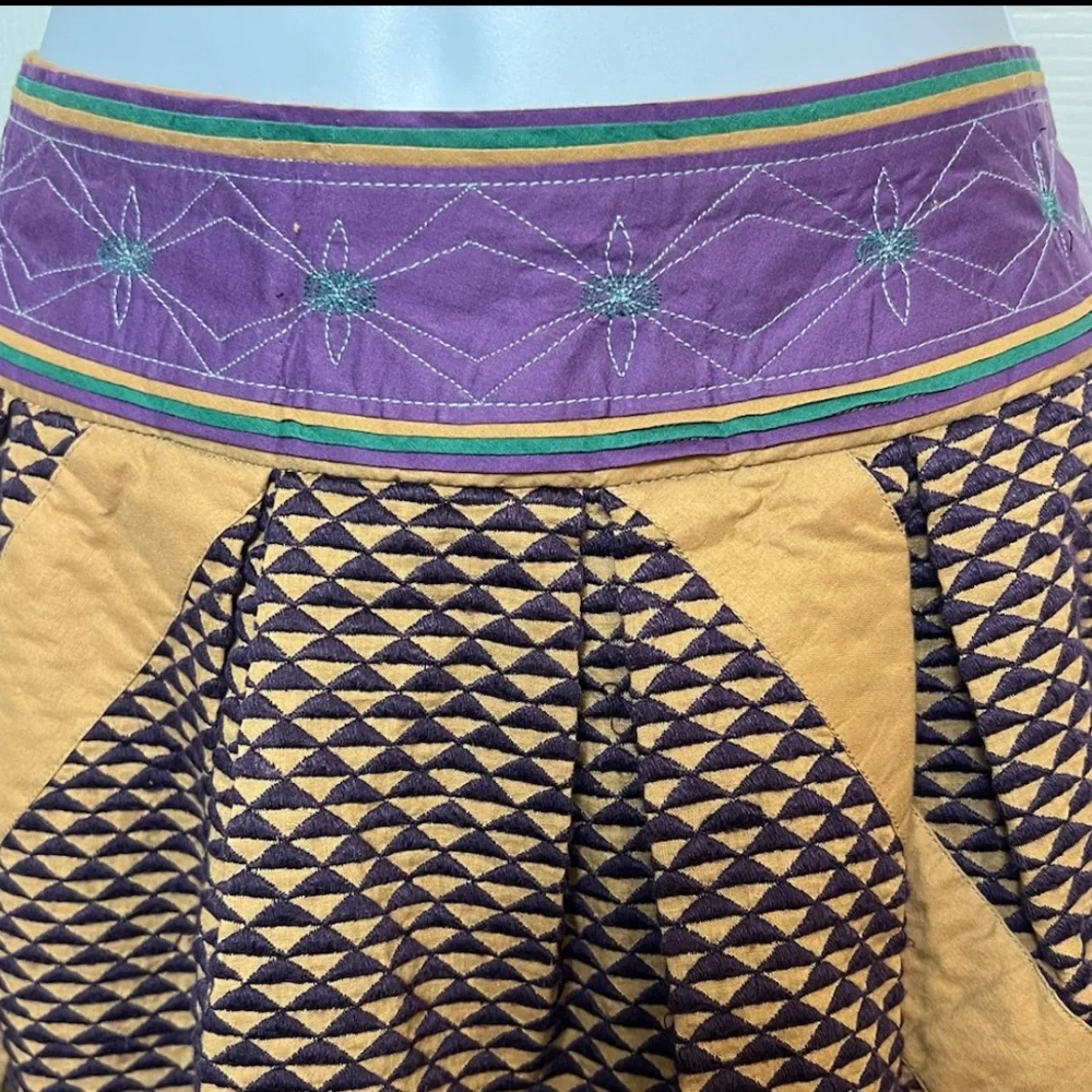 PANKAJ & NIDHI Anthropologie Mini Skirt Full Jaccard Purple Brown Quilted Boho